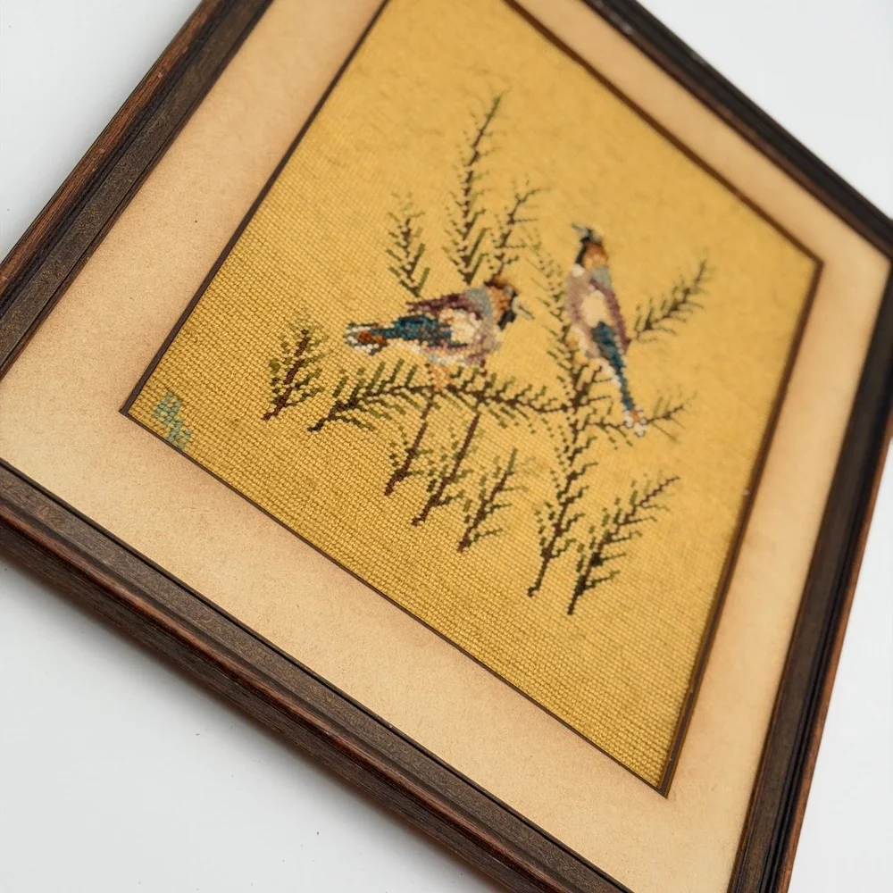 Vintage Framed Bird Needlepoint Wall Art Hand Stitched Pine Branches 19x15.5